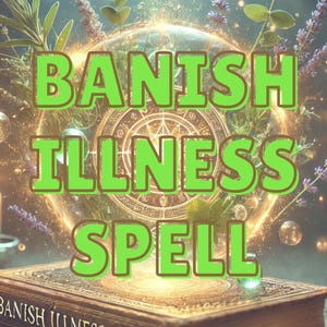 Op de afbeelding: Een boek met de titel "Banish Illness Spell" op de omslag. Het boek is open en er is een gloeiende bol erboven met een pentagram erin. De bol is omringd door groene bladeren en paarse bloemen.