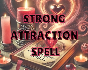 Op de afbeelding: Een rood boek met de woorden "Strong Attraction Spell" op de kaft. Het boek is omringd door rode kaarsen en harten.