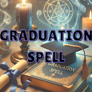 May include: A graduation spell book with a black graduation cap, a blue ribbon, a scroll, and two candles. The book has gold lettering that says "Graduation Spell".
