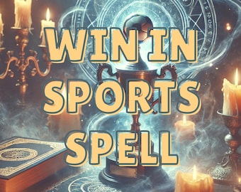 May include: An image with the text "WIN IN SPORTS SPELL" in yellow letters with a black outline. A soccer ball sits atop a trophy. Lit candles and an open book are in the background, with a mystical, ethereal theme.