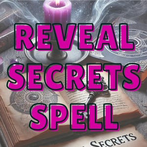 May include: A vintage book with a key and candles, with the text "REVEAL SECRETS SPELL" in pink letters.