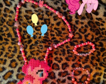Handmade pinkie pie My little pony kandi + hamma bead necklace and bracelet set !!