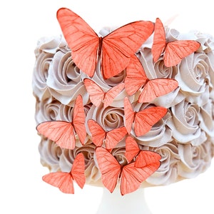 Edible Butterflies in Coral set of 15 Cake & Cupcake Toppers Food Decoration Wedding Cake Decoration image 1