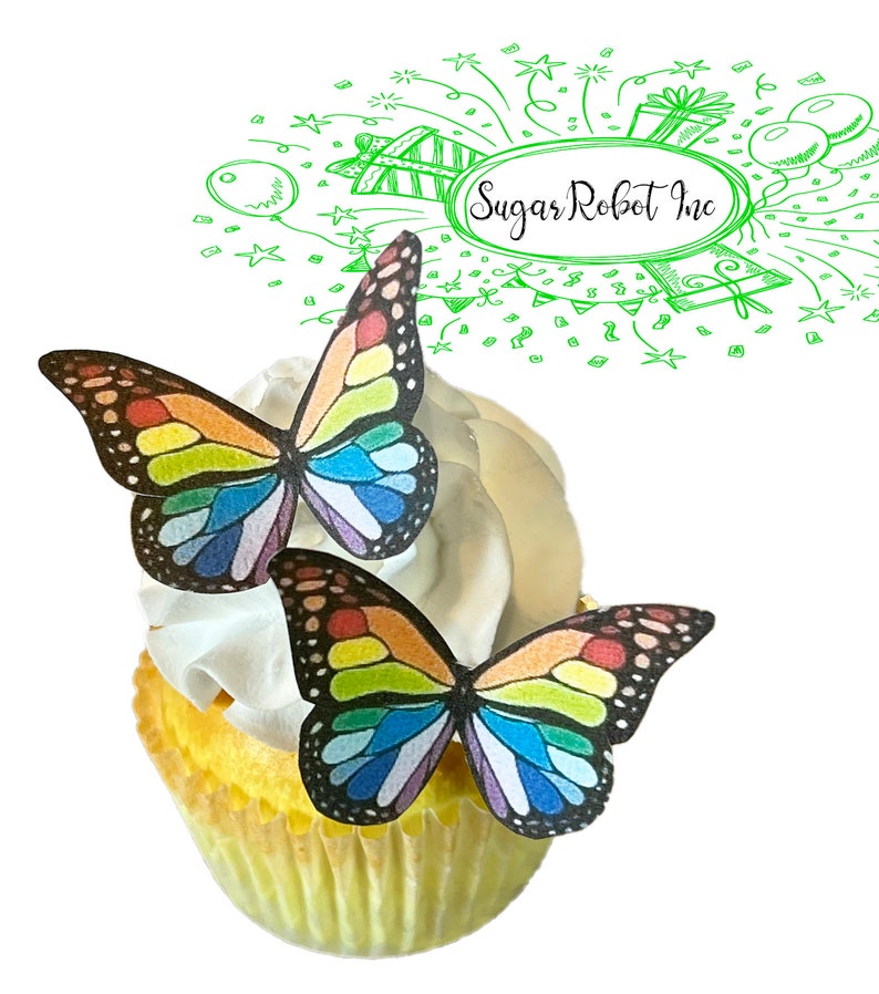 EDIBLE BUTTERFLIES The Original - Small Rainbow Monarch - Cake & Cupcake toppers - PRECUT and Ready to Use