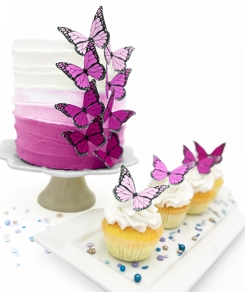 Wedding Cake Topper Edible Ombre Monarch Butterflies Butterfly Cake & Cupcake Toppers Food Decorations Pink