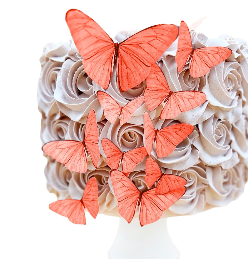 Edible Butterflies in Coral set of 15 Cake & Cupcake Toppers Food Decoration Wedding Cake Decoration image 1
