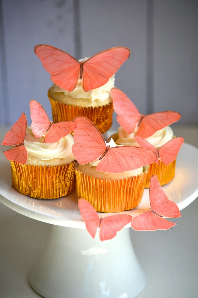 Edible Butterflies in Coral set of 15 Cake & Cupcake Toppers Food Decoration Wedding Cake Decoration image 2