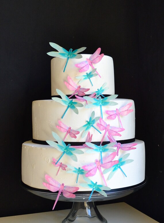 Edible Dragonflies - Assorted Pink and Turquoise - Cake and Cupcake toppers - set of 30 precut Il_570xn