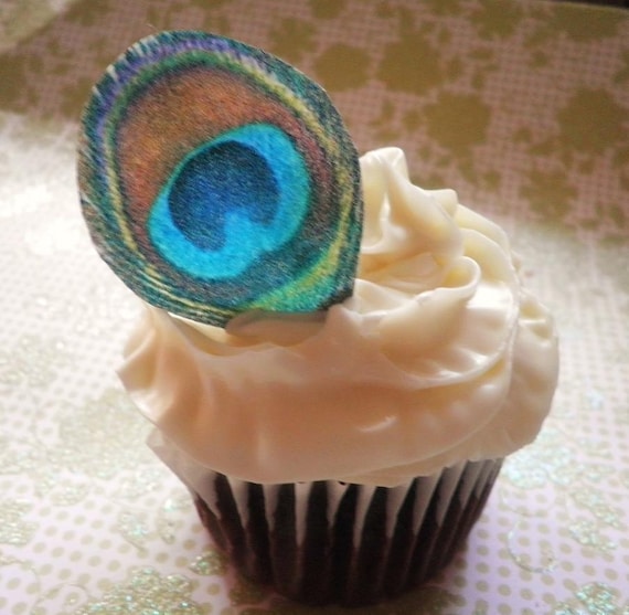Edible Peacock Eye Feathers - 1 dozen - Cake & Cupcake toppers - Food Decorations
