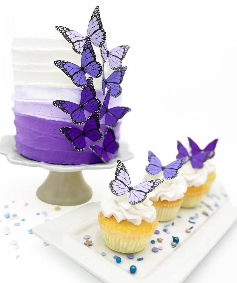 Wedding Cake Topper Edible Ombre Monarch Butterflies Butterfly Cake & Cupcake Toppers Food Decorations Purple