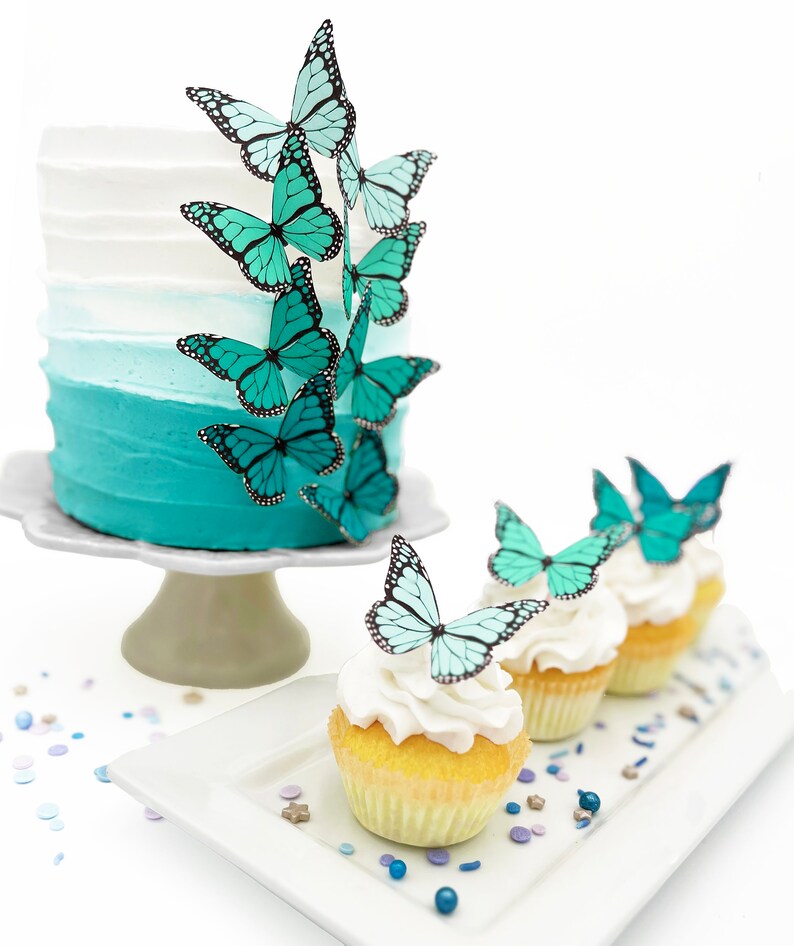 Hochzeitstorte Topper Essbare Ombre Monarchfalter Schmetterling Kuchen & Cupcake Toppers Essen Dekorationen Turquoise