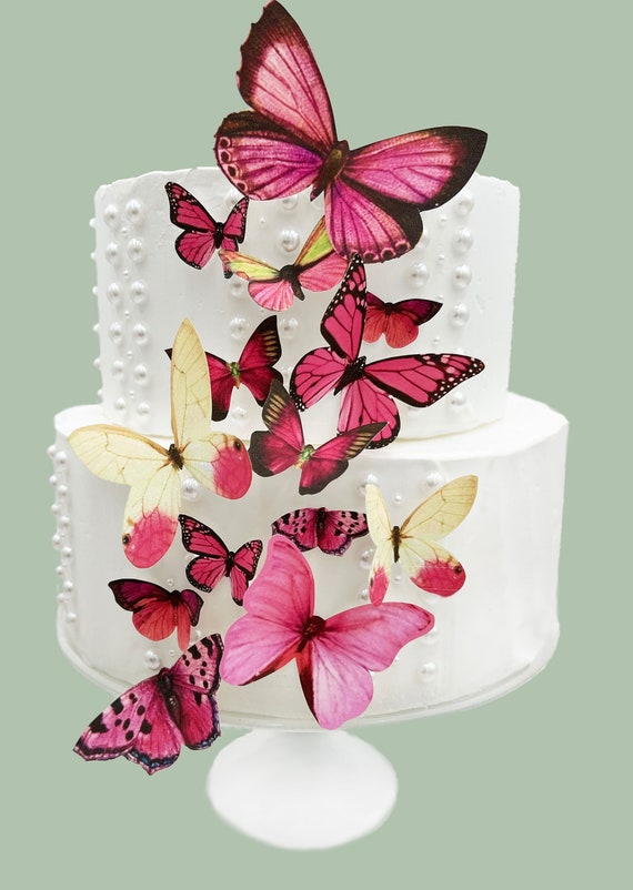 Wedding Cake Topper Edible Butterflies Assorted set of 15 Pink- Cake & Cupcake Toppers - Food Decorations Wedding Cake Decoration