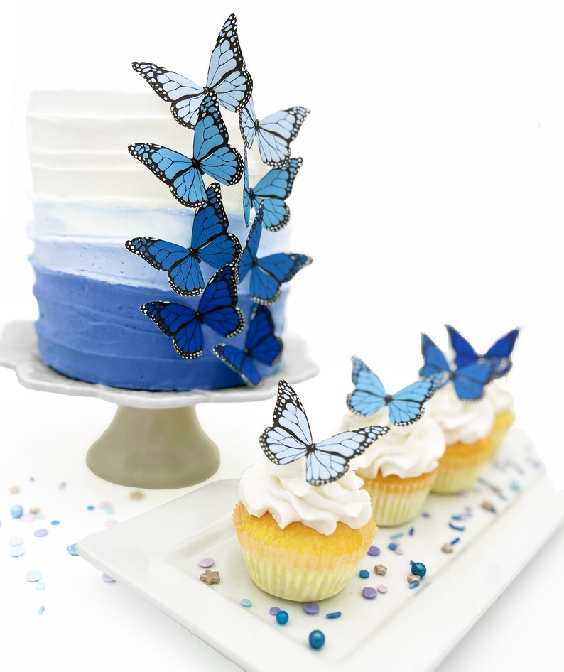 Wedding Cake Topper Edible Ombre Monarch Butterflies Butterfly Cake & Cupcake Toppers Food Decorations Blue