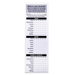 May include: A black and white printable tasting sheet with the title "What is your favorite?" and categories for wine, beer, and cider & spirits. Each category has a list of tasting notes to rate from 1 to 5.