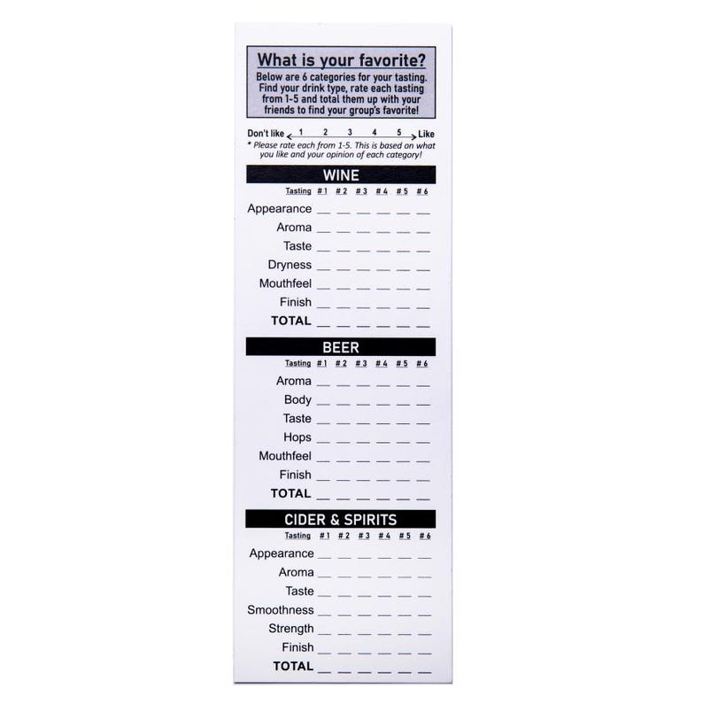 May include: A black and white printable tasting sheet with the title "What is your favorite?" and categories for wine, beer, and cider & spirits. Each category has a list of tasting notes to rate from 1 to 5.