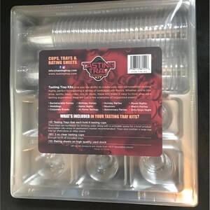 May include: A clear plastic tray set for tasting flights. The set includes 10 trays, 60 tasting cups, and 10 rating sheets. The trays are numbered for drinking order and have a space for a product description. The set is ideal for wine, spirits, beer, cider, oils, or more.