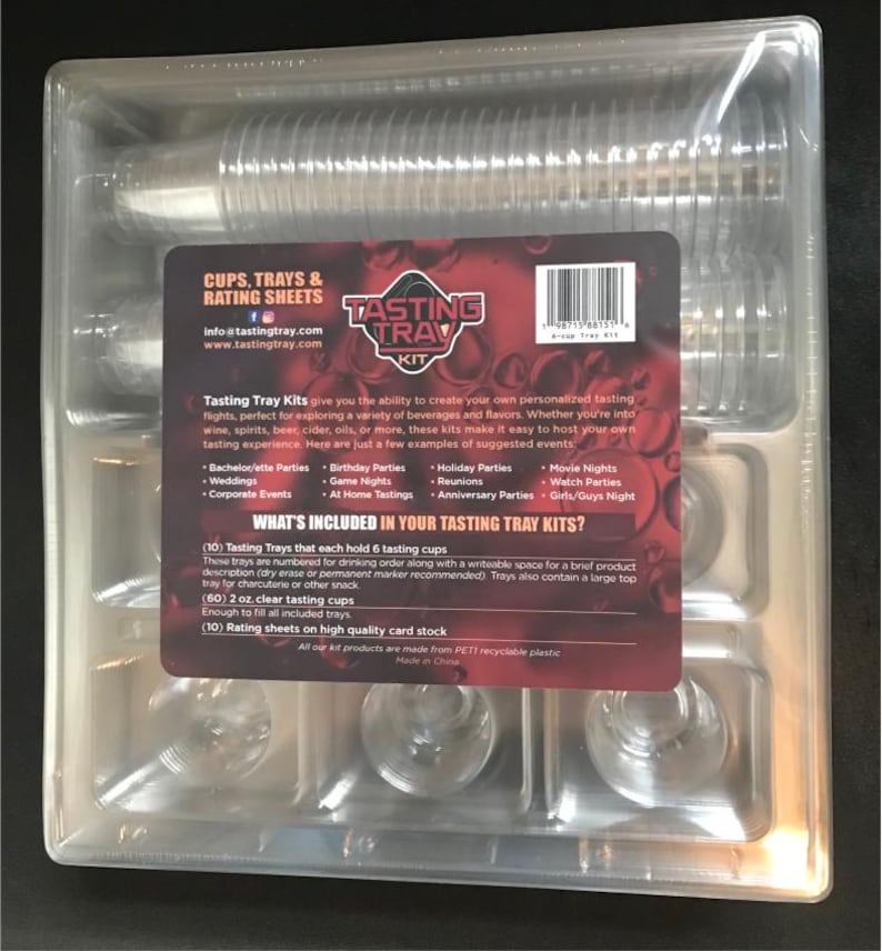 May include: A clear plastic tray set for tasting flights. The set includes 10 trays, 60 tasting cups, and 10 rating sheets. The trays are numbered for drinking order and have a space for a product description. The set is ideal for wine, spirits, beer, cider, oils, or more.