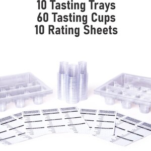 May include: A set of 10 clear plastic tasting trays, 60 clear plastic tasting cups, and 10 rating sheets for a blind taste test.