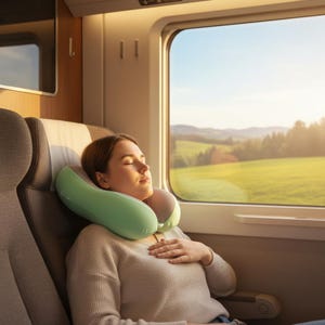 May include: A light green and gray travel neck pillow is around a person's neck. The person is sitting in a train seat, with their eyes closed. The window shows a view of a green field and trees.