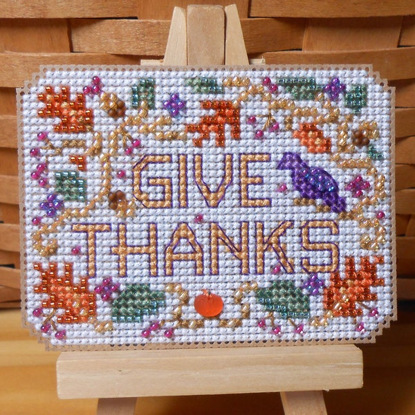 Give Thanks Cross Stitched and Beaded Ornament, Magnet, or Pin - Free U.S. Shipping