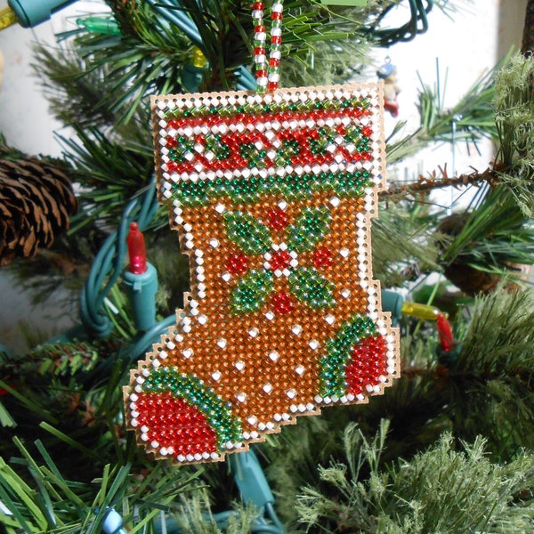 Gingerbread Stocking Beaded Holiday Christmas Tree Ornament - Free U.S. Shipping