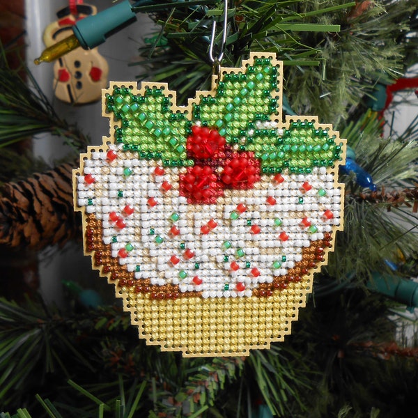 Holly Cupcake Cross Stitched and Beaded Christmas Tree Ornament - Free U.S. Shipping