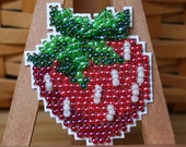 Strawberry Cross Stitched and Beaded Ornament, Magnet, or Pin - Free U.S. Shipping