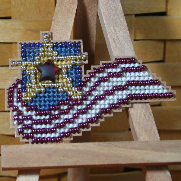 Stars and Stripes Beaded Patriotic Cross Stitch Ornament, Pin, or Magnet - Free U.S. Shipping
