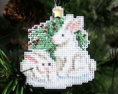 Winter Bunnies Cross Stitched and Beaded Christmas Tree Ornament - Free U.S. Shipping