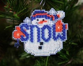 Cross Stitched and Beaded Snowman Ornament -  Snow Buddy Holiday Christmas Tree Ornament - Free Shipping