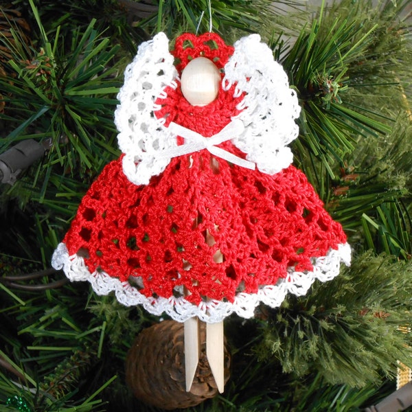 Crocheted Clothespin Angel Holiday Christmas Tree Ornament - Ruth in Christmas Red - Free U.S. Shipping