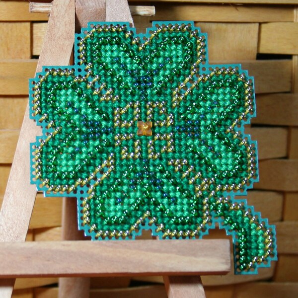 Lucky Day Shamrock Beaded Cross Stitch Ornament, Pin, or Magnet - Free U.S. Shipping