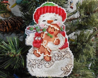 Jim Shore Snowman with Gingerbread Cross Stitched and Beaded Christmas Ornament