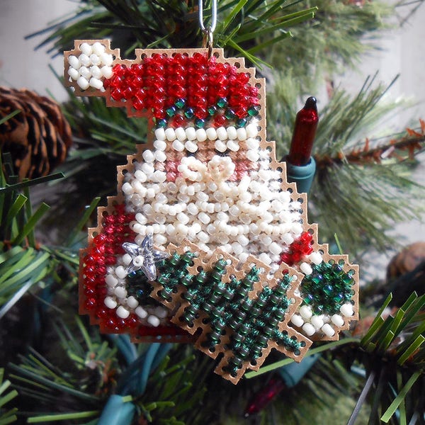 Santa Fir Cross Stitched and Beaded Holiday Christmas Tree Ornament - Free U.S. Shipping