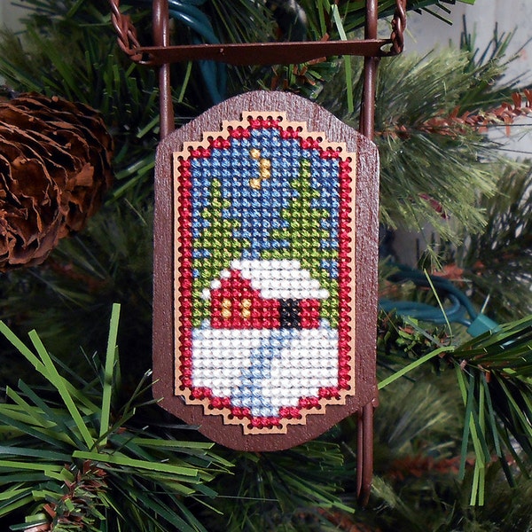 Snow Country House Cross Stitched Christmas Tree Ornament - Foxwood Crossings Sled Ornament - Free U.S. Shipping