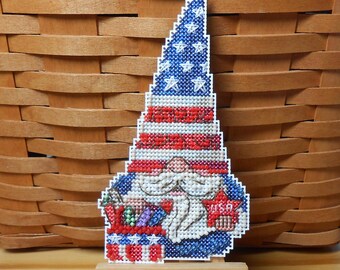 Patriotic Gnome Cross Stitched and Beaded Ornament or Magnet