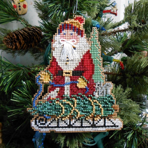 Norway Spruce Santa Cross Stitched and Beaded Christmas Tree Ornament - Free U.S. Shipping