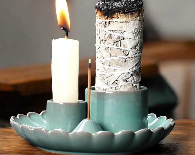 Ceramic Incense Holder Dish: Sage Green Meditation Altar Decor