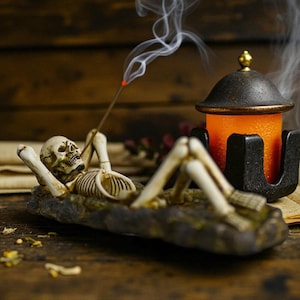 Op de afbeelding: Een decoratieve wierookhouder met een liggende skeletfiguur. Het skelet houdt een wierookstokje vast, met opstijgende rook. Een zwarte en gouden kandelaar met een oranje kaars staat op de achtergrond. De houder staat op een houten oppervlak.