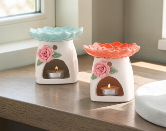 Bloemenkeramische wassmeltbrander: rozentheelichtje olieverwarmer, huisgeurdecor, geur