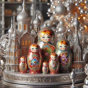 Puede incluir: Un conjunto de muñecas rusas de anidación, o muñecas matrioska, coloridas y pintadas de forma intrincada, dispuestas frente a una estructura plateada, ornamentada y con forma de iglesia. Las muñecas están decoradas con motivos florales y diseños geométricos.