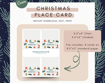 May include: Printable Christmas place cards with a festive design featuring a green tree, red and white candy canes, a red stocking, a green and white hat, and a yellow lemon. The cards are 3.5 inches by 4 inches when flat and 3.5 inches by 2 inches when folded. The file includes 4 cards on 8.5 inches by 11 inches standard paper.