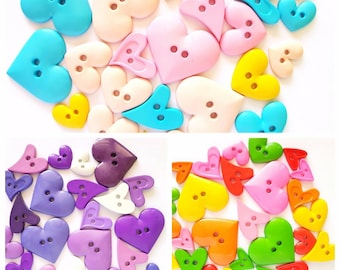 30pcs Cute mix size big Heart Buttons 2 Holes assorted colors size 12 - 33 mm