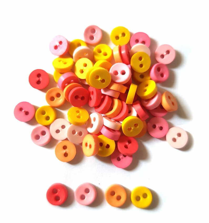 100 pcs Tiny Buttons micro buttons 2 holes size 6mm mix yellow pink orange