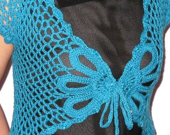 INSTANT DOWNLOAD Crochet Pattern - Lovely Aqua Butterfly Shrug - Medium Size 10 and Large Size 16 Shrug Woman Summer Sweater Top