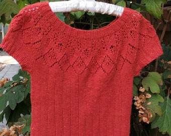 Knitting Pattern ⨯ Knit Sunset Sweater, Top Down Seamless Yoke Pullover Pattern ⨯ Burnt Orange Cinnamon Autumn Leaf Lace Pattern XS to XXL