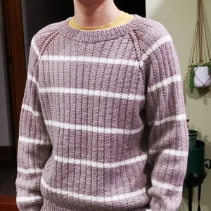 Knitting Pattern ⨯ Men's Top Down Stripe Sweater ⨯ Crew Neck Raglan Sleeve Cozy Stripe Pullover x No Frill Beginner Knitting Jumper XS-5XL