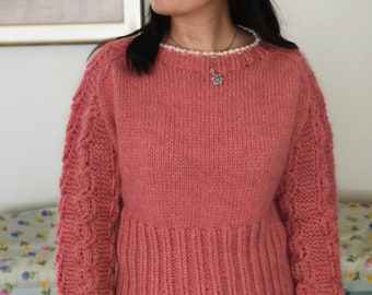 Modello maglione lavorato a maglia - Maglione con spalle a sella senza cuciture top down ⨯ Top in maglia con trama a trecce, pullover girocollo, tutte le taglie dalla XS alla 5XL