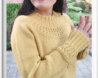 Knitting Pattern - Top Down Seamless Yoke Sweater ⨯ Lace Yoke Textured Knit Pattern, Mock Turtle Collar Pullover, 9 Sizes XS to 5XL