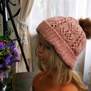 Knitting Pattern Striking Beautiful Tulip Beanie Lace Flower Hat Pom Pom Beanie image 4